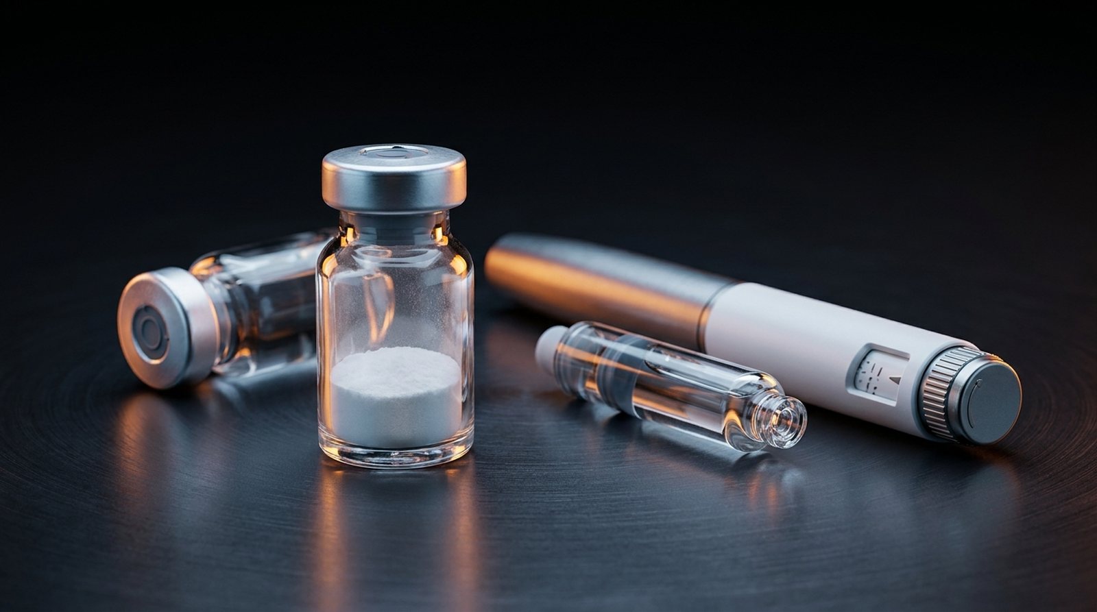 Glass peptide vial, injection pen and cartridge on a dark surface